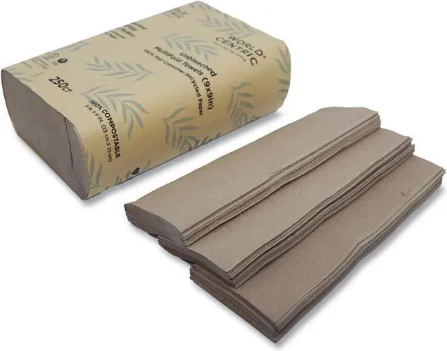 Main image of World Centric 100 Percent PCW Recycled Paper Towels, 1-Ply, 9 x 9, Natural, 250/Pack, 16 Packs/Carton