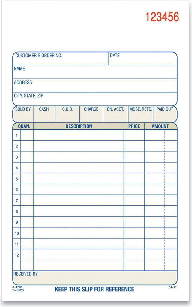 3-Part Sales Book, 12 Lines, Three-Part Carbonless, 4.19 x 7.19, 50 Forms/Pad, 10 Pads/Carton