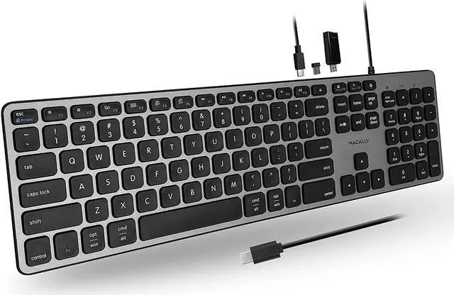 Main image of Macally Premium Wired USB C Keyboard with USB Ports Space Gray UCZKEYHUBACSG