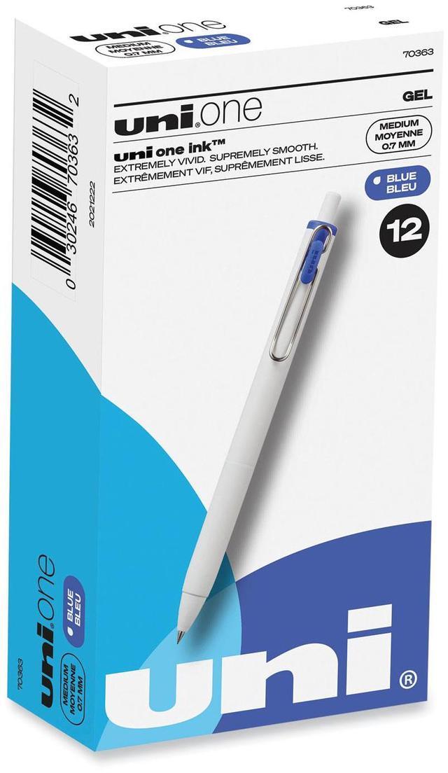 uniONE Gel Pen, Retractable, Medium 0.7 mm, Blue Ink, White/Blue Barrel, Dozen