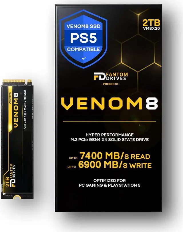 Alt view image 8 of 9 - Fantom Drives VENOM8 2TB NVMe Gen 4 M.2 SSD - Up to 7400MB/s, PS5 Compatible PCIe 4 M.2 2280 Solid State Drive (VM8X20)