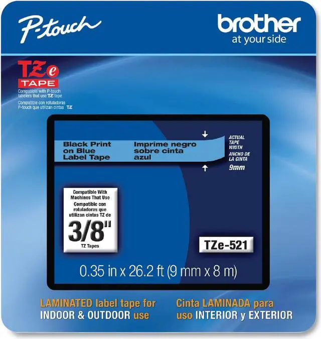 Main image of Brother P-touch TZe-521CS Laminated Label Maker Tape 3/8" x 26-2/10' Black on Blue (TZe-521CS) TZE521CS