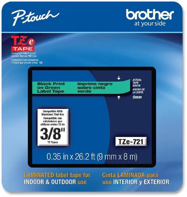 Main image of Brother P-touch TZe-721CS Laminated Label Maker Tape 3/8" x 26-2/10' Black on Green (TZe-721CS) TZE721CS
