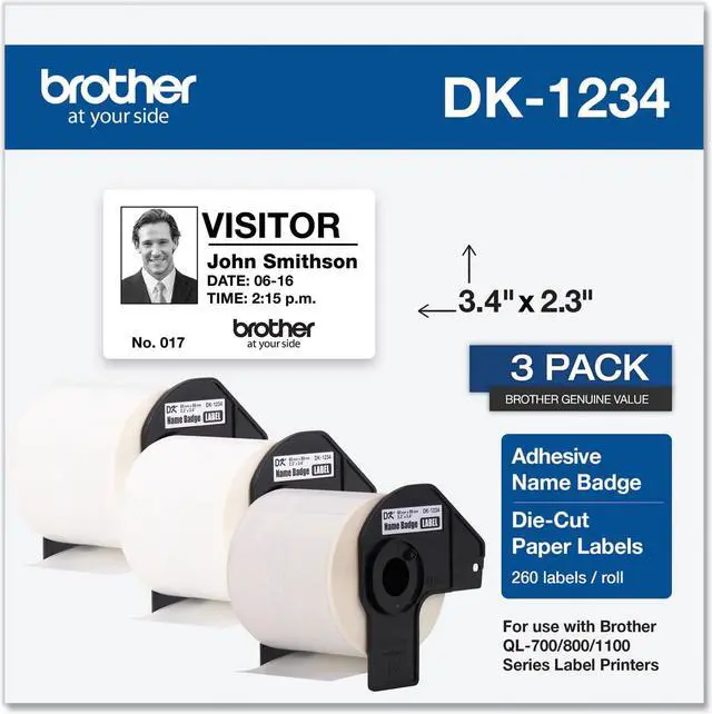 Main image of Brother DK-1234 Adhesive Name Badge Paper Labels 3-4/10" x 2-3/10" Black on White 260 Labels/Roll 3 Rolls/Box (DK-12343PK)