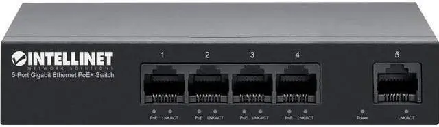 Alt view image 2 of 10 - Intellinet 5-Port Gigabit Ethernet PoE+ Switch, Four PSE PoE+ Gigabit Ports, One Gigabit Port, PoE Power Budget of 40 W, IEEE 802.3at/af Compliant, Desktop, Wall-mount Option