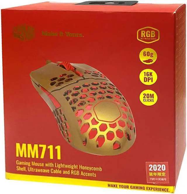 Alt view image 9 of 11 - Cooler Master MM711 RGB Gaming Mouse (2020 Gold Red Limited Edition) - 60g Lightweight, Honeycomb Shell, Ultraweave Cable, Pixart 3389 16000 DPI Optical Sensor, and RGB Accents