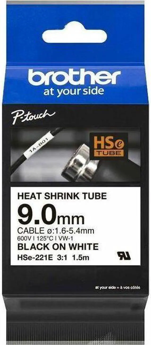 Alt view image 2 of 2 - Brother HSe-221E Heat Shrink Tube Tape Cassette - Black on White, 9.0mm wide - 23/64" Width x 59 1/16" Length - Thermal Transfer - Black, White - Heat-shrinkable, Durable