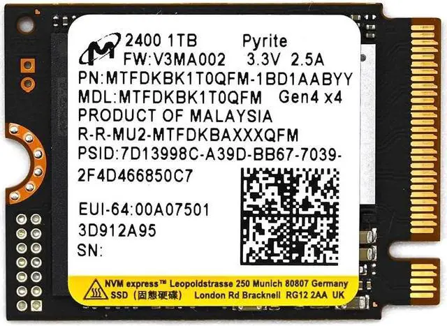 Alt view image 5 of 5 - 1TB Micron 2400 M.2 2230 NVMe PCIe 4.0x4 SSD MTFDKBK1T0QFM-1BD1AABYYR