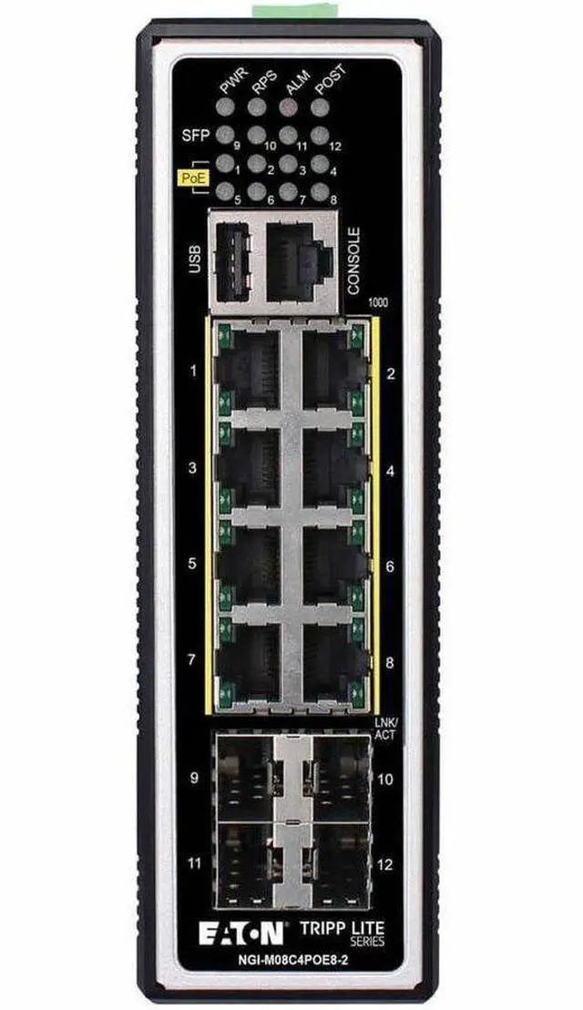 Alt view image 9 of 20 - Tripp Lite NGI-M08C4POE8-2 Managed 8-Port Managed Industrial Gigabit Ethernet Switch - Layer 2, 1 Gbps, PoE+ 30W, 4 GbE SFP Ports