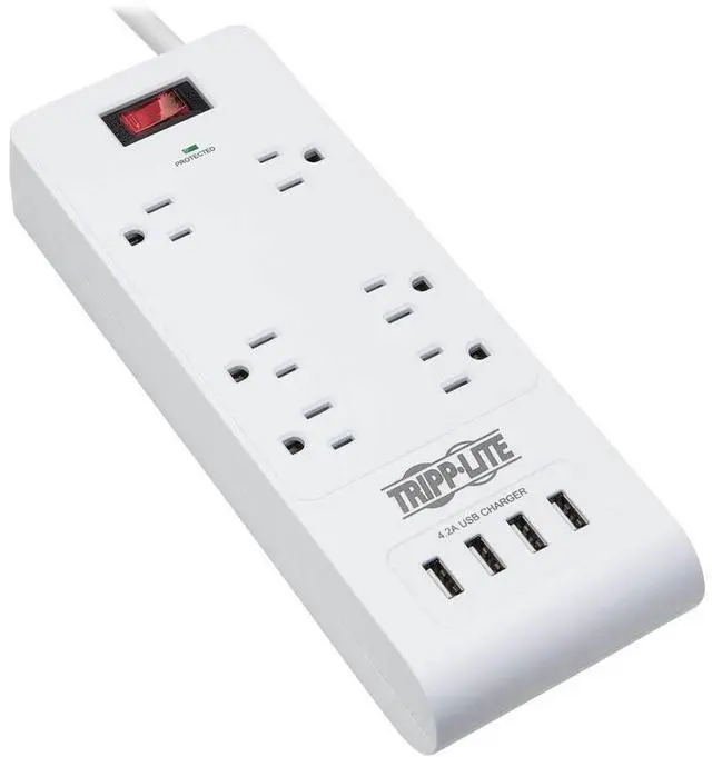 Alt view image 9 of 15 - Tripp Lite 15ft 6-Outlet 4 USB Surge Protector Power Strip White TLP64USBRA15