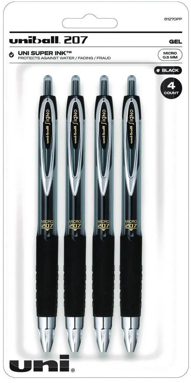 Main image of uni-Ball Signo 207 Gel Pen, Retractable, Fine 0.5 mm, Black Ink, 4/Pack 61270