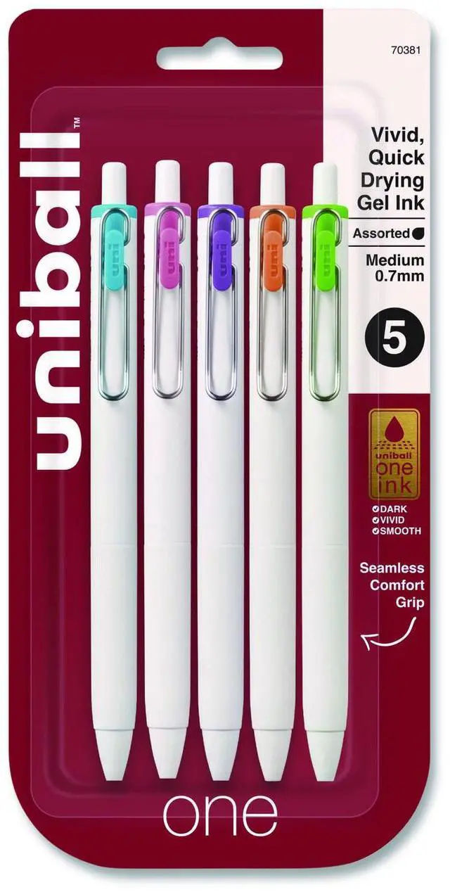 Alt view image 8 of 14 - uni-ball uni one Retractable Gel Pens Medium Point 0.7mm Assorted Ink 5/Pack (70381)