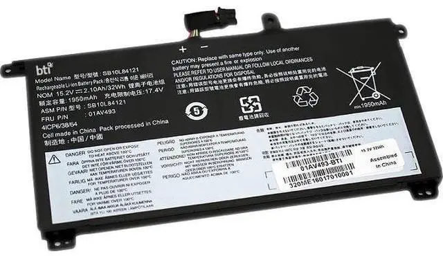 Main image of BTI 01AV493-BTI Replacement BTI battery for Lenovo Thinkpad T570, T580, P51S, P52S, 01AV493, 00UR890, 00UR891, 00UR892, SB10L84121, SB10L84122 - 15.2V 2080mAh 32 Whr - 6 Cell Li-lon