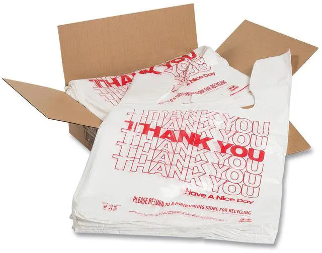 Main image of Thank You Bags Thank You Have a Nice Day Labeling Cut-Out Handles 11.5" x 6.5" x 20" White/Red 775/Carton RPTYB6V