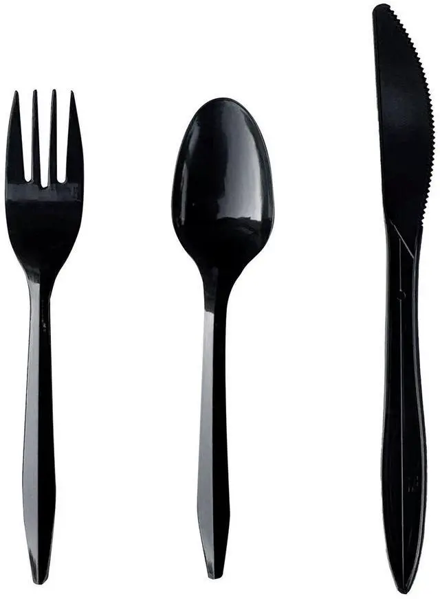 Main image of Three-Piece Polypropylene Cutlery Kit Mediumweight Fork/Knife/Spoon Plastic Black 250/Carton BWK3KITBLPP