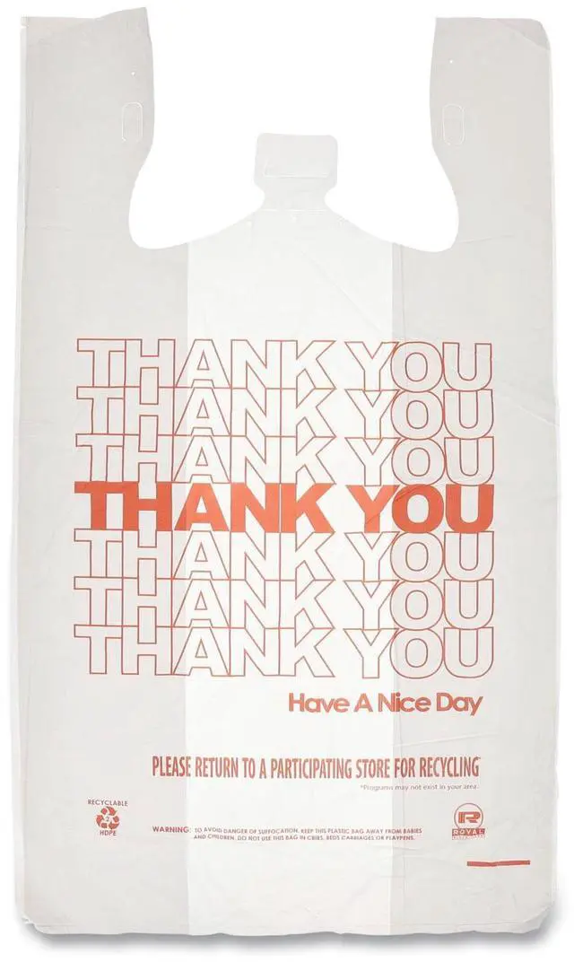 Main image of Thank You Bags Thank You Have a Nice Day Labeling Cut-Out Handles 13" x 8" x 23" White/Red 1000/Carton RPTYB6FS