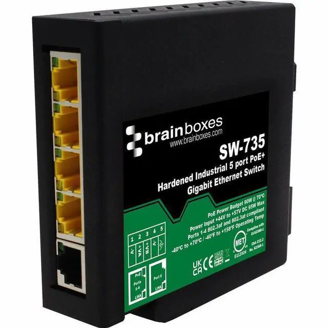 Main image of Brainboxes Hardened Industrial 5 Port PoE+ Gigabit Ethernet Switch SW735