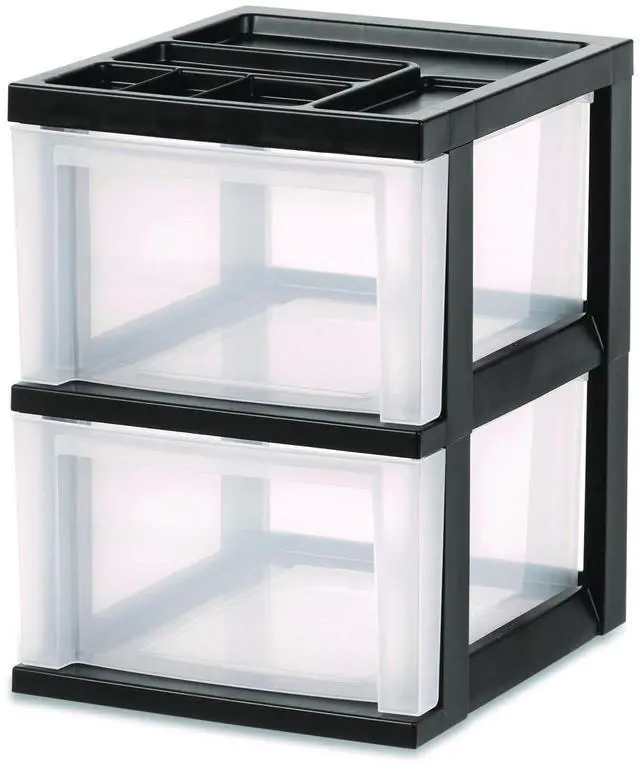 Main image of 2-Compartment Desktop Stackable Storage Drawer 12.17 x 14.33 x 16.77 Black/Translucent White 116352