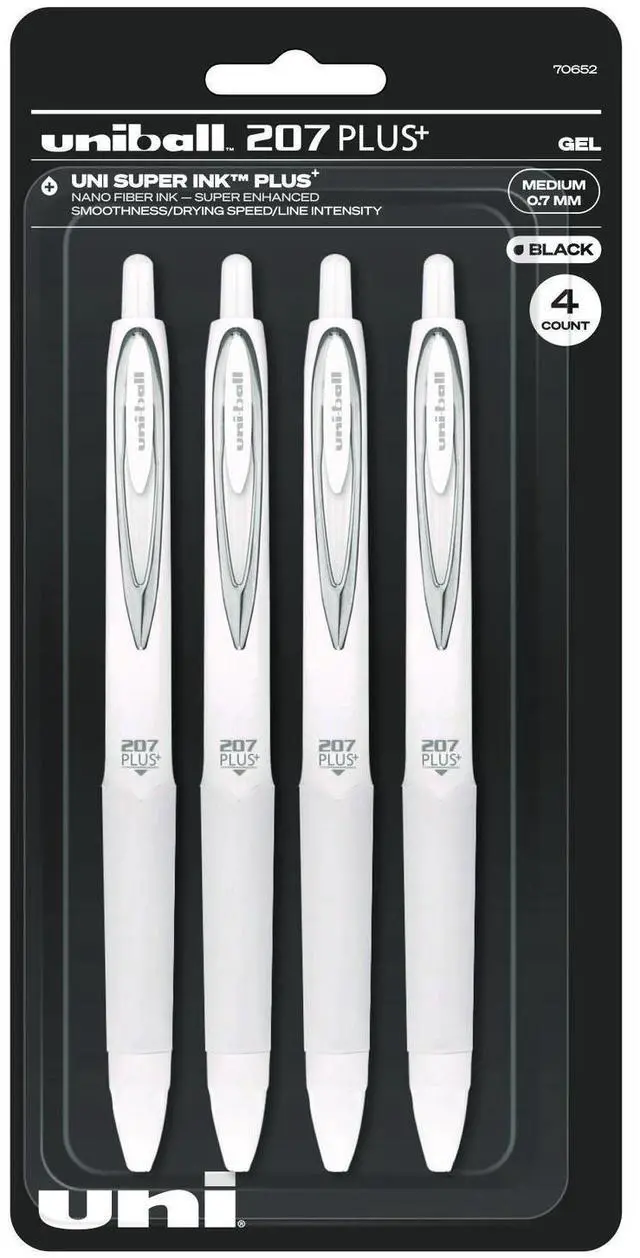 Main image of 207 Plus+ Gel Pen Retractable Medium 0.7 mm Black Ink White Barrel 4/Pack 70652
