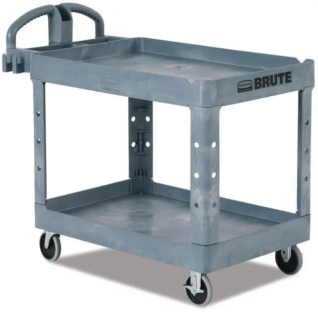 Main image of BRUTE Heavy-Duty Ergo Handle Utility Cart Plastic 2 Shelves 750 lb Capacity 26" x 55" x 33.25" Gray 2192463
