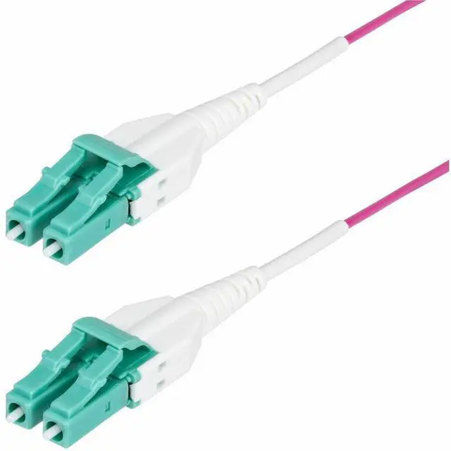 Main image of StarTech 5m (16.4ft) LC to LC (UPC) OM4 Multimode Fiber Optic Cable, Erika Violet, 50/125, 40G/100G, Uniboot Fiber Jumper Cord, OFNR Riser Rated