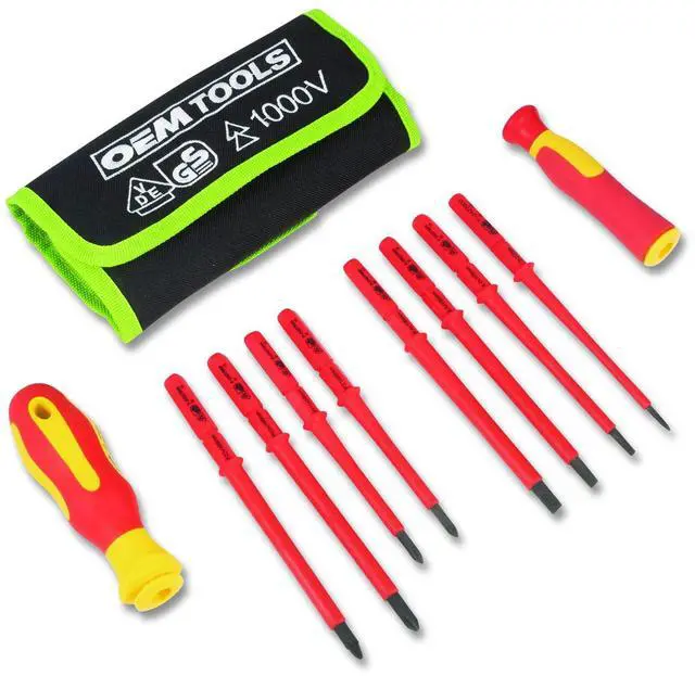 Main image of Insulated 10-Piece Interchangeable Bit Screwdriver Set, Metric Phillips and Slotted Blade Bits, Orange/Yellow Handle