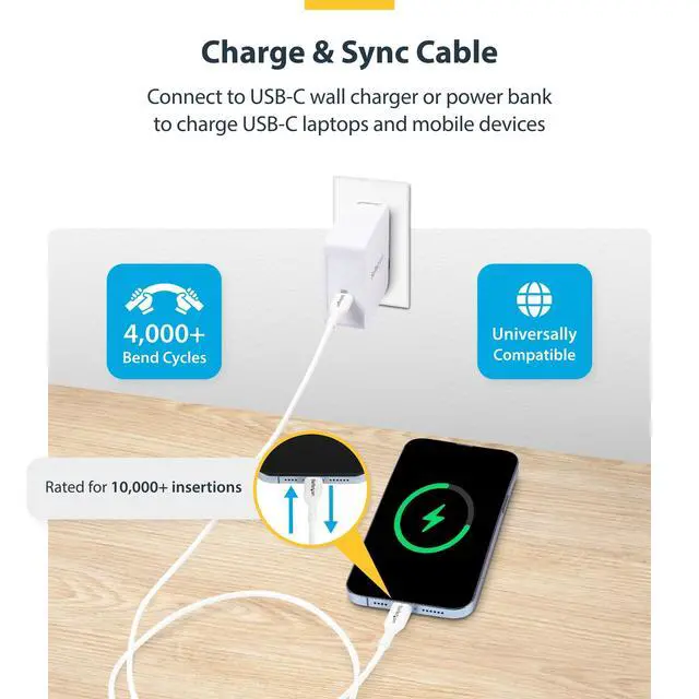 Alt view image 2 of 6 - StarTech 3ft 0.9m White USB-C Charging Cable 2-Pack USB 2.0 Type-C Laptop Charger Cord 60W Power Delivery TPE Jacket
