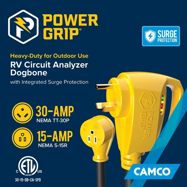 Alt view image 2 of 6 - Camco Power Grip RV 12" 30Amp Circuit Analyzer Dogbone - Integrated Surge Protection