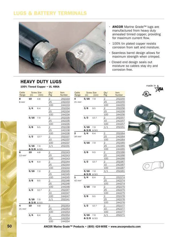 Alt view image 5 of 6 - Ancor 244234 Marine Grade Electrical Heavy Duty Tinned Copper Lugs (8-Gauge, Size 1/4 Screw, 100-Pack)