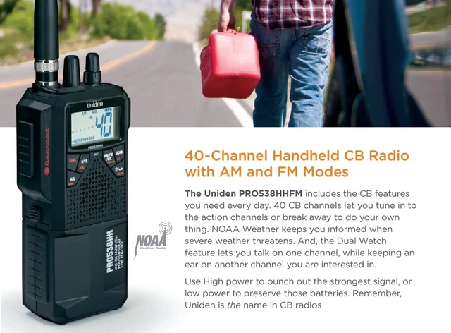 Alt view image 6 of 8 - Uniden PRO538HHFM Pro Series 40-Channel Weatherband Handheld CB Radio with Whip Antenna, Black, PRO538HHFM