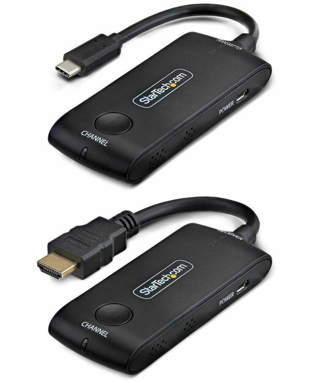 Main image of StarTech Wireless USB-C to HDMI Extender for Meeting Rooms 4K 60Hz 65ft Range USB Powered Plug-and-Play Tx and Rx Kit 4KUSBCWIRELESS65FT