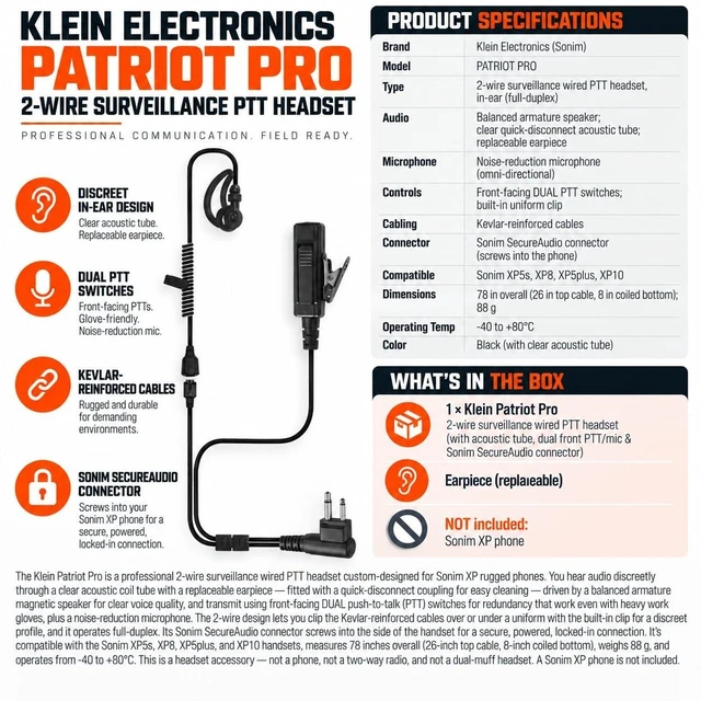 Alt view image 6 of 6 - KLEIN PATRIOT PRO WIRED PTT HEADSET - HEADSET - WIRED - COMPATIBLE WITH SONIM XP