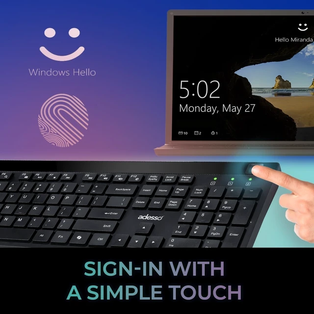 Alt view image 20 of 20 - Adesso WKB-1400FB Wireless Keyboard with Built-in Fingerprint Reader, 2.4GHz Full Size 104-Key Low Profile Keyboard, AES 256-Bit Encrypted, Windows Hello Compatible for Windows 10 11