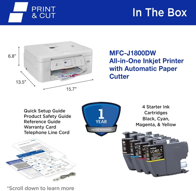 Alt view image 2 of 7 - Brother MFC-J1800DW Wireless Inkjet Multifunction Printer Color MFCJ1800DW