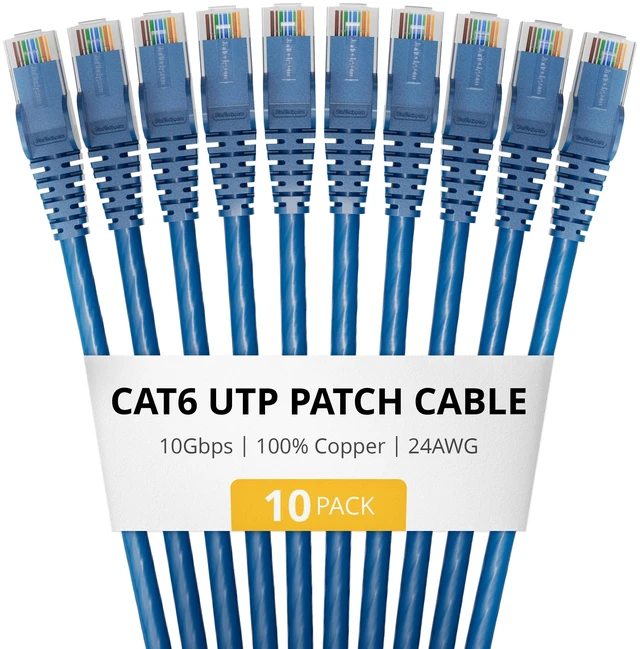 Main image of StarTech 18in Blue Cat6 Ethernet Cable 10 Pack Snagless RJ45 UTP 24AWG Bare Copper Wire Network Patch Cord