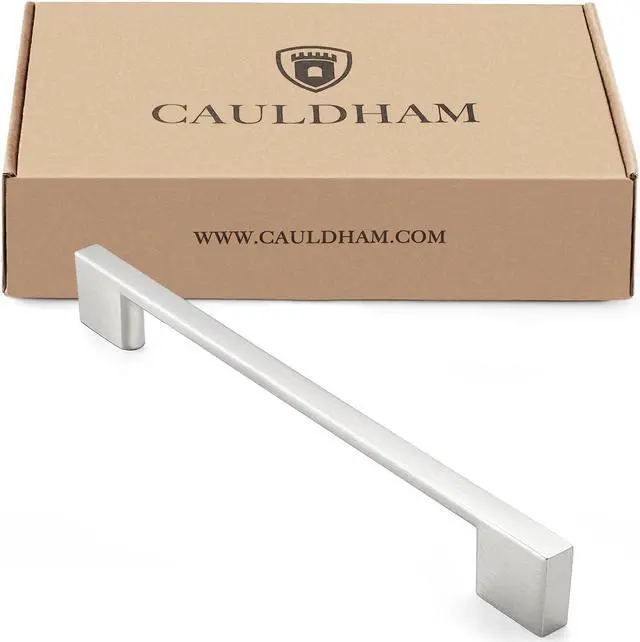 Alt view image 4 of 7 - Cauldham 10 Pack Solid Kitchen Cabinet Pulls Handles (6-5/16" Hole Centers) - Modern Thin Profile Drawer/Door Hardware - Style M255 - Satin Nickel