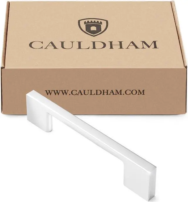 Alt view image 4 of 6 - Cauldham 10 Pack Solid Kitchen Cabinet Pulls Handles (3-5/8" Hole Centers) - Modern Thin Profile Drawer/Door Hardware - Style M255 - Polished Chrome