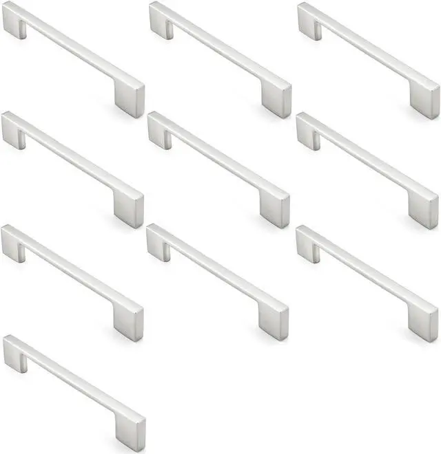 Alt view image 3 of 6 - Cauldham 10 Pack Solid Kitchen Cabinet Pulls Handles (5" Hole Centers) - Modern Thin Profile Drawer/Door Hardware - Style M255 - Satin Nickel