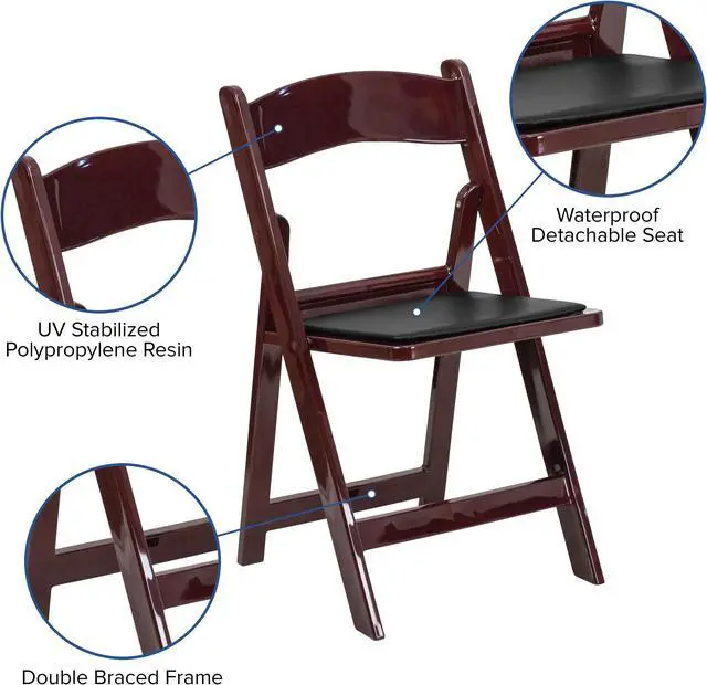 Alt view image 5 of 20 - 2 Pack HERCULES Series 1000 lb. Capacity Red Mahogany Resin Folding Chair with Black Vinyl Padded Seat