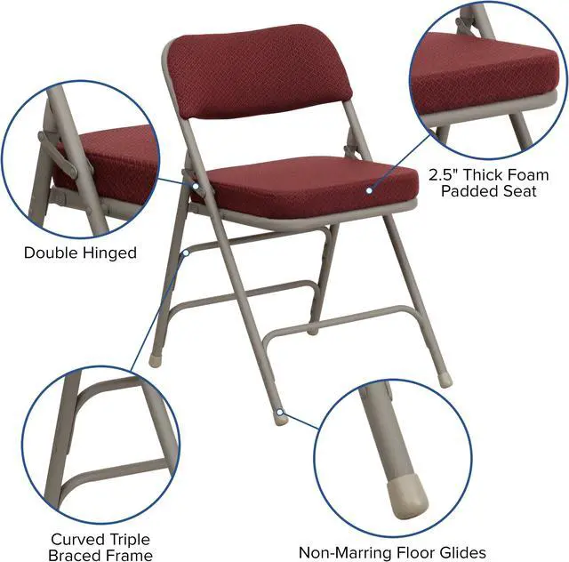 Alt view image 6 of 20 - 2 Pack HERCULES Series Premium Curved Triple Braced & Double Hinged Burgundy Fabric Metal Folding Chair