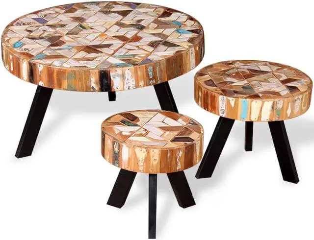 Alt view image 4 of 11 - vidaXL Coffee Table Set 3 Piece Round Side End Table Solid Wood Reclaimed