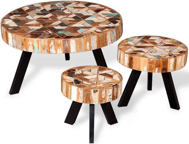 Alt view image 5 of 11 - vidaXL Coffee Table Set 3 Piece Round Side End Table Solid Wood Reclaimed