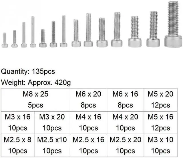 Alt view image 7 of 7 - New 135pcs Silver M2.5 M3 M4 M5 M6 M8 304 Stainless Steel Hex Socket Head Cap Screws Set 14 Different Sizes In One Set