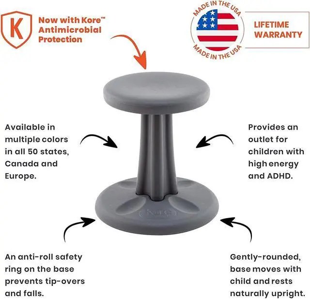 Alt view image 3 of 12 - Kore Wobble Chair - Age 6-7, Grade 1-2, Grey (14in) Kids Wobble Chair - Flexible Seating Stool for Classroom & Elementary School, ADD/ADHD - Made in USA