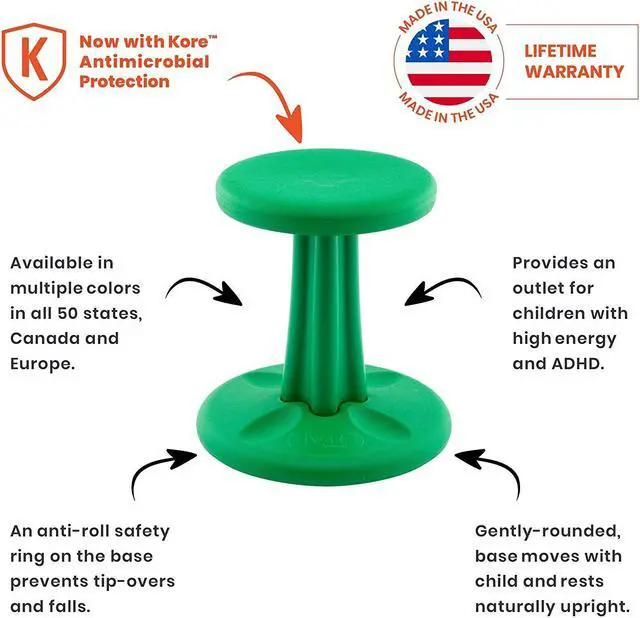 Alt view image 4 of 13 - Kore Wobble Chair - Age 8-9, Grade 3-4, Green (16in) - Flexible Seating Stool for Classroom, Elementary School, ADD/ADHD - Made in USA