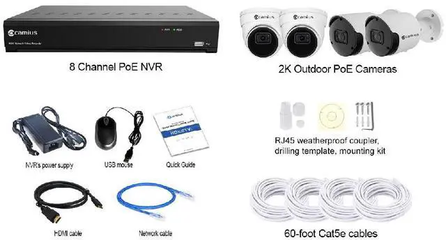 Alt view image 2 of 7 - 4 Camera PoE Security System 2K PoE Wired Security Cameras with 8 Channel NVR, 4TB storage (Camius)