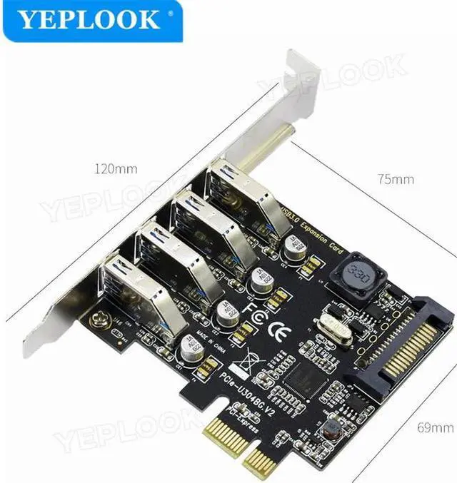 Alt view image 4 of 6 - PCI-E 4 Ports USB3.0 Adapter USB3.0 Expansion Card 5Gbps With SATA Power Port Support PCIe X1 X4 X8 X16 with Low Profile Bracket