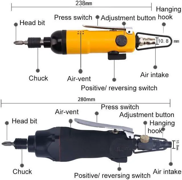 Alt view image 5 of 7 - ELECALL Electric screwdriver Torque Adjustable Pneumatic Screwdriver Two-End Screwdrivers Bit & 6M Spring Tube 8*5 - Yellow