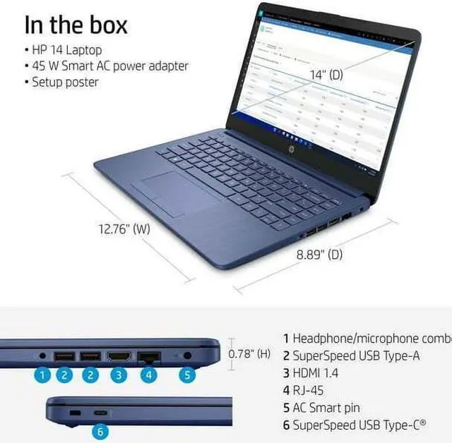 Alt view image 2 of 7 - HP Stream Laptop, 14" HD (1366 x 768), Non-Touch, Intel Celeron N4120, 4GB RAM, 64GB eMMC SSD, Windows 11 S