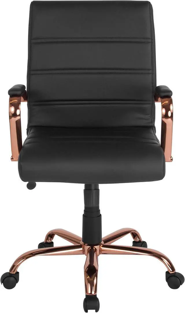 Alt view image 4 of 20 - Mid-Back Black LeatherSoft Executive Swivel Office Chair with Rose Gold Frame and Arms